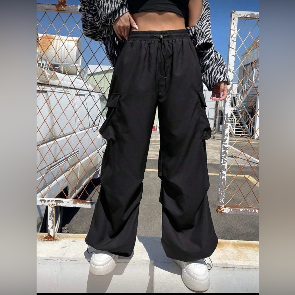 Black Cargo Pants with drawstring pockets - Picture 3 of 9